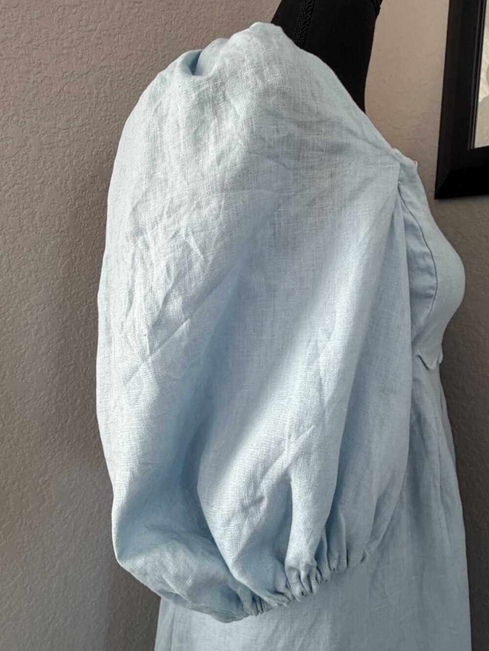 MABLE Scalloped Blue Linen Midi Dress Puff Sleeves Small - Picture 10 of 14